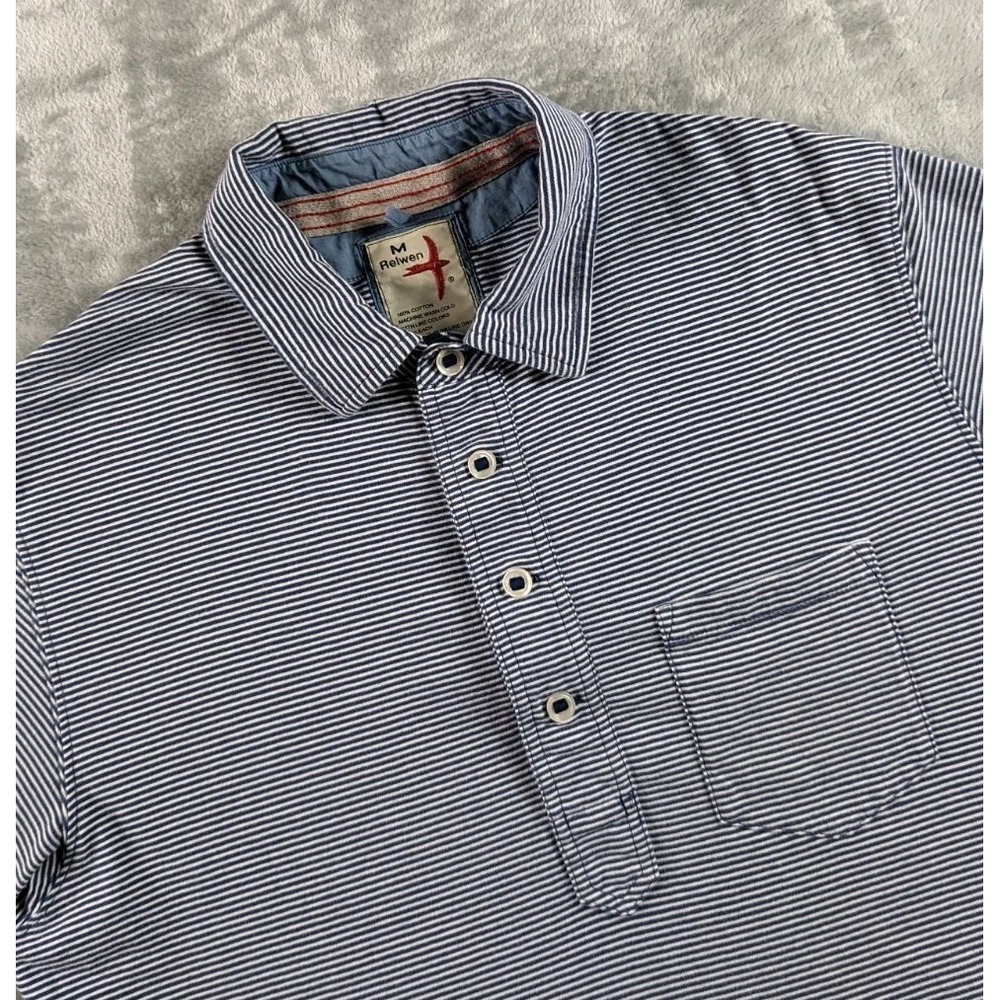 Relwen Polo Shirt Mens Medium Blue White Striped Short Sleeve Pocket Cotton